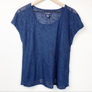 3/$25 Lucky Brand Navy Blue Sheer Open knit Top